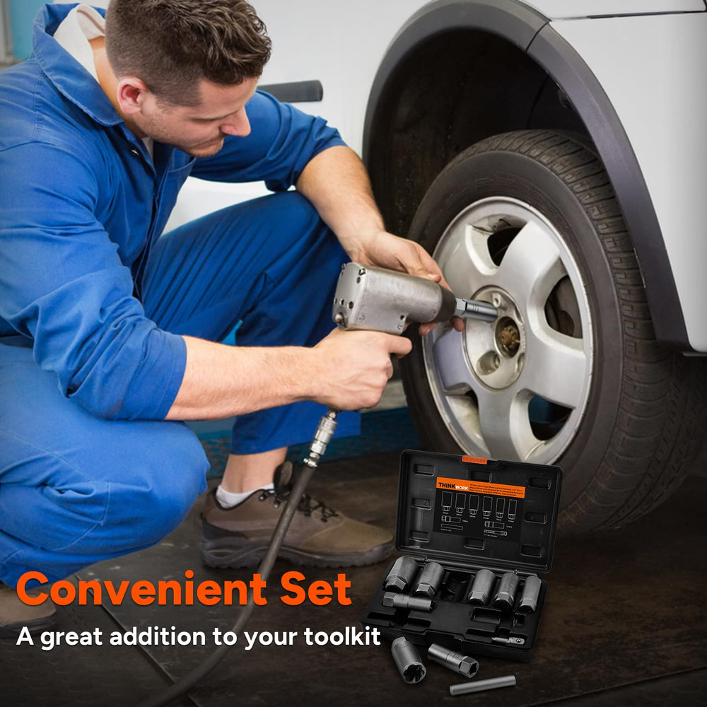 Thinkwork in-use scene during auto repair on wheel lug bolts.