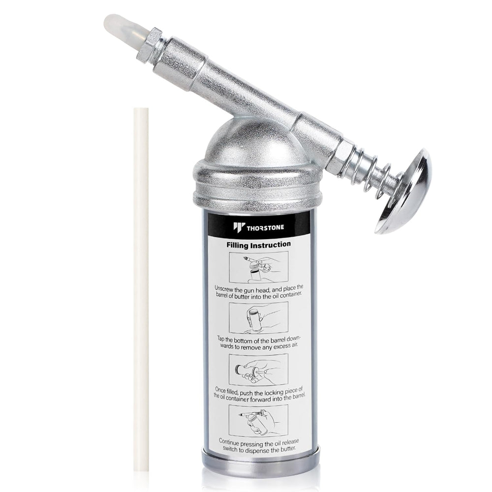 Thorstone mini grease gun with needle nozzle for precise lubrication of small fittings.