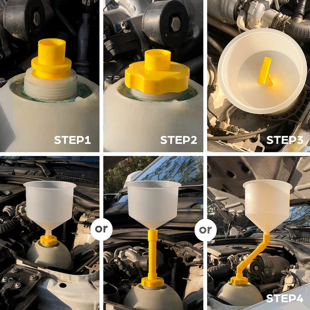 Thorstone No-Spill coolant funnel kit components detail includes caps, adapters, and elbows.