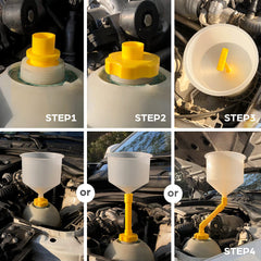 Thorstone No-Spill coolant funnel kit components detail includes caps, adapters, and elbows.