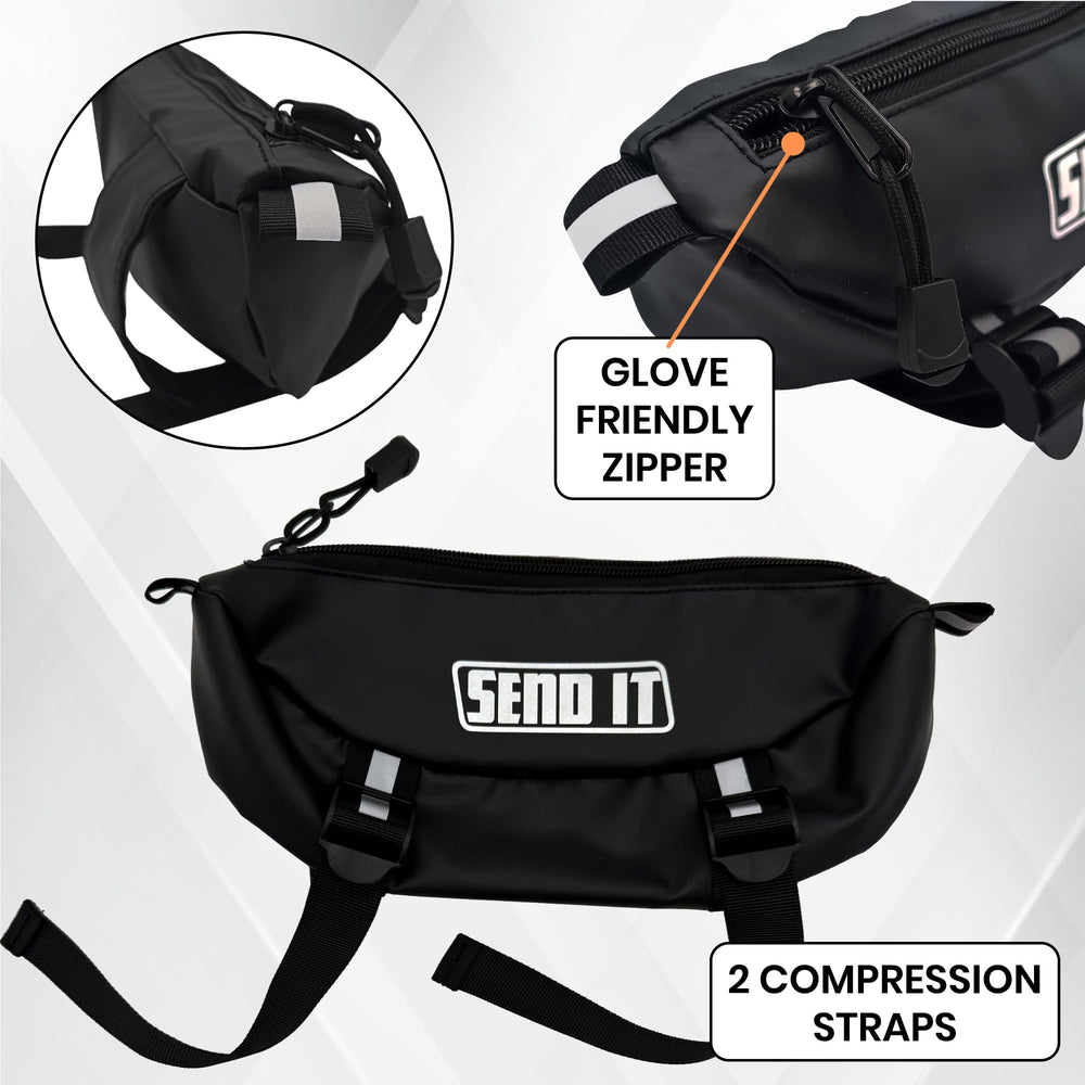 ThrottlePak compact yet spacious bar bag fits trail-day gear without crowding controls.