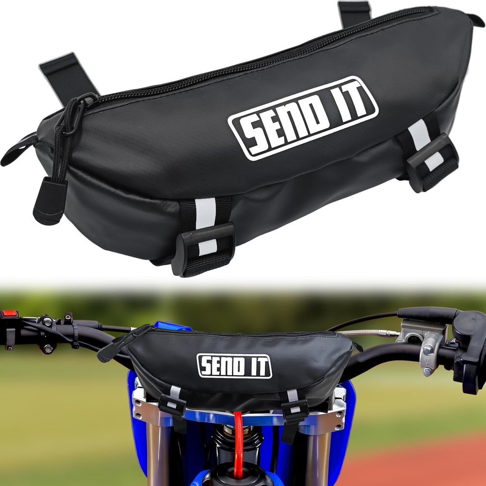 ThrottlePak waterproof dirtbike handlebar bag keeps essentials dry on rugged trails.