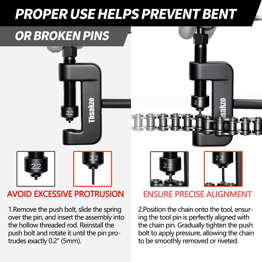 Thsakzo pin alignment with chain ensures centered rivet positioning