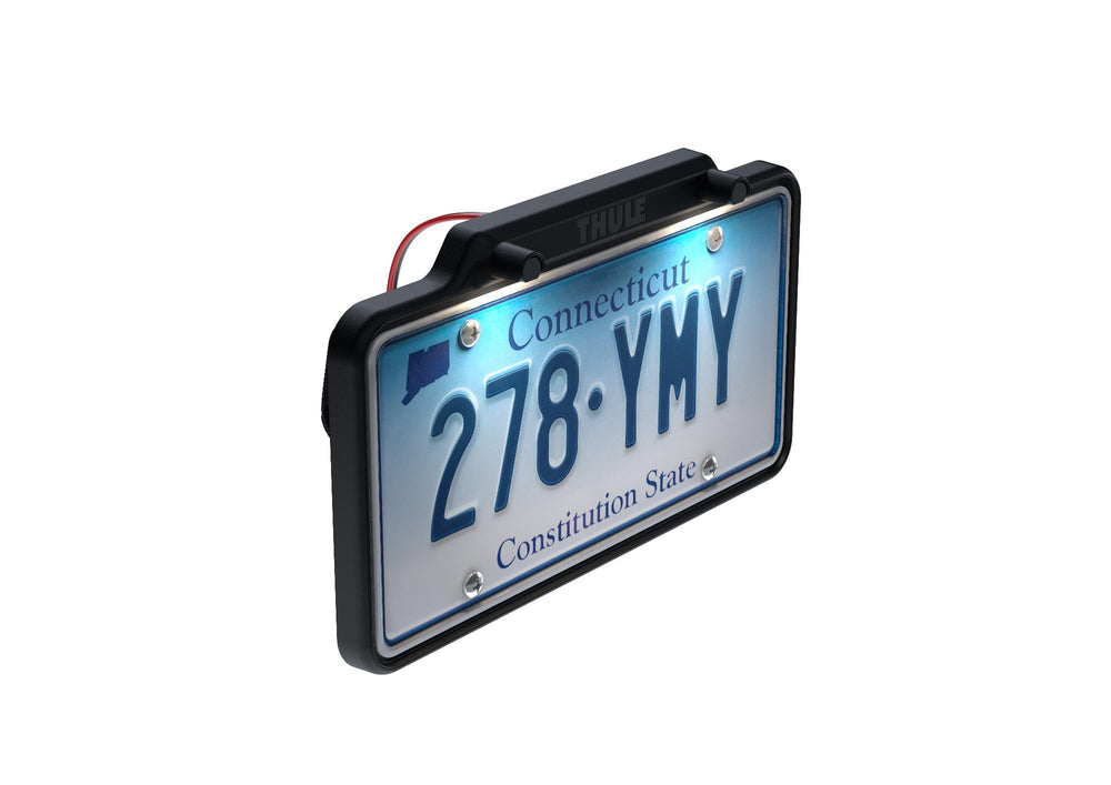 Thule license plate holder mounted on a hanging hitch carrier
