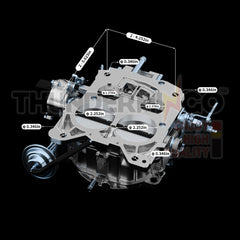 Carburetor bowl entrance and linkage view on THUNDERMINGO Quadrajet unit