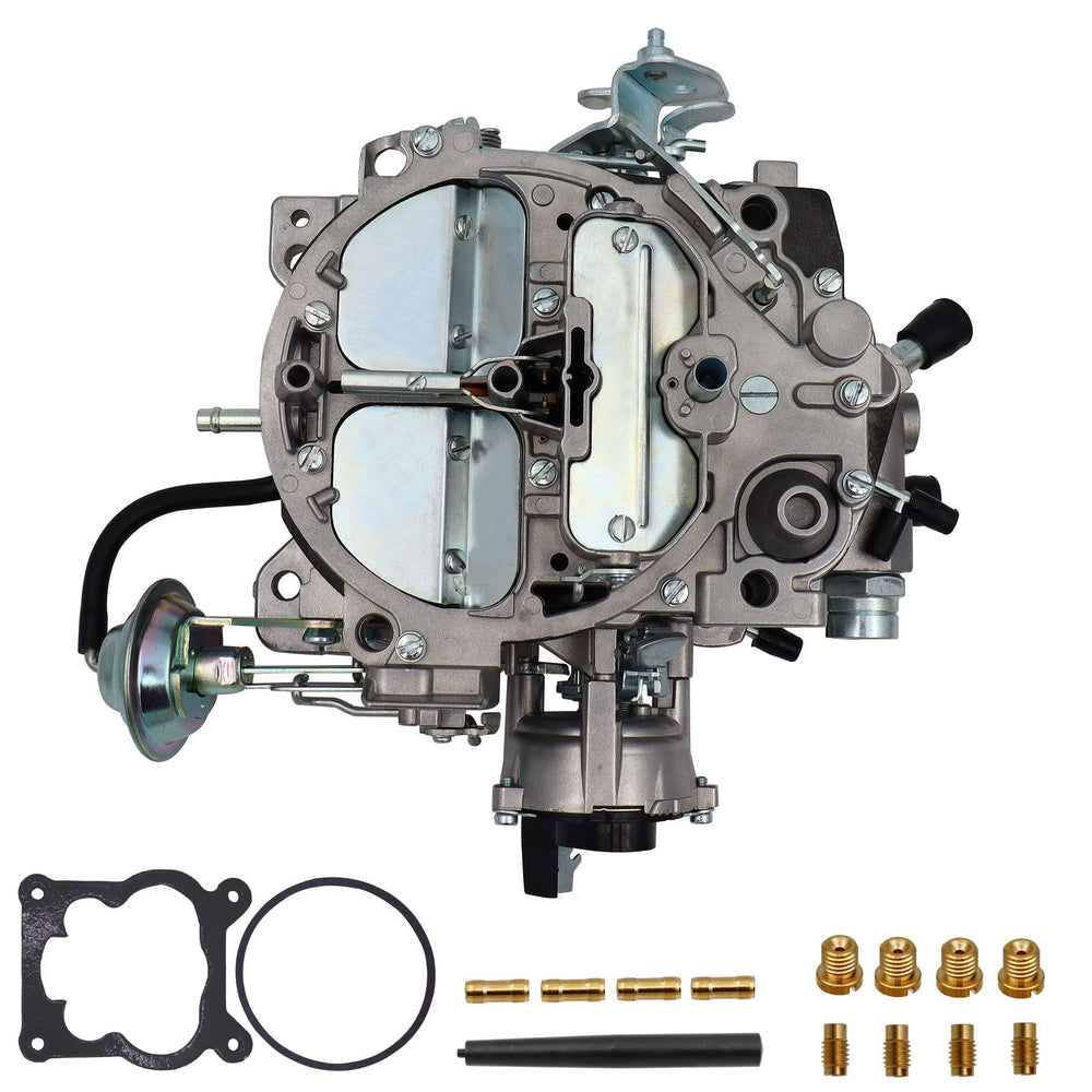 Close-up of THUNDERMINGO Rochester Quadrajet carburetor ready for 1980s Chevy V8 swap