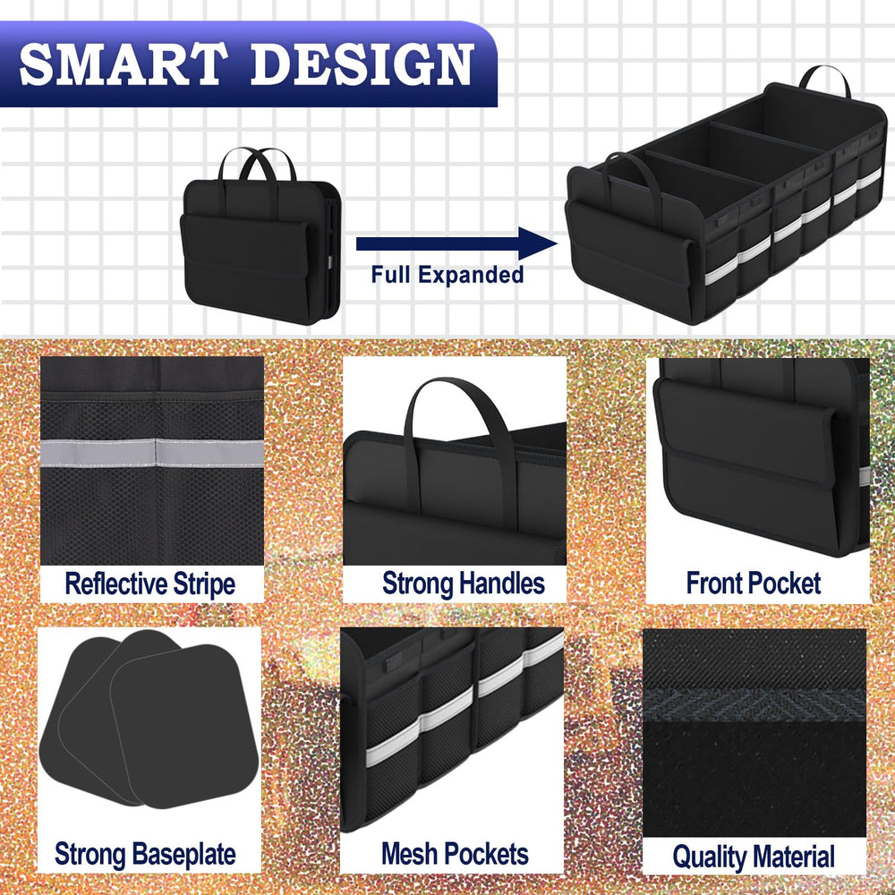 THXEVER trunk organizer with multiple compartments keeps groceries and tools separated