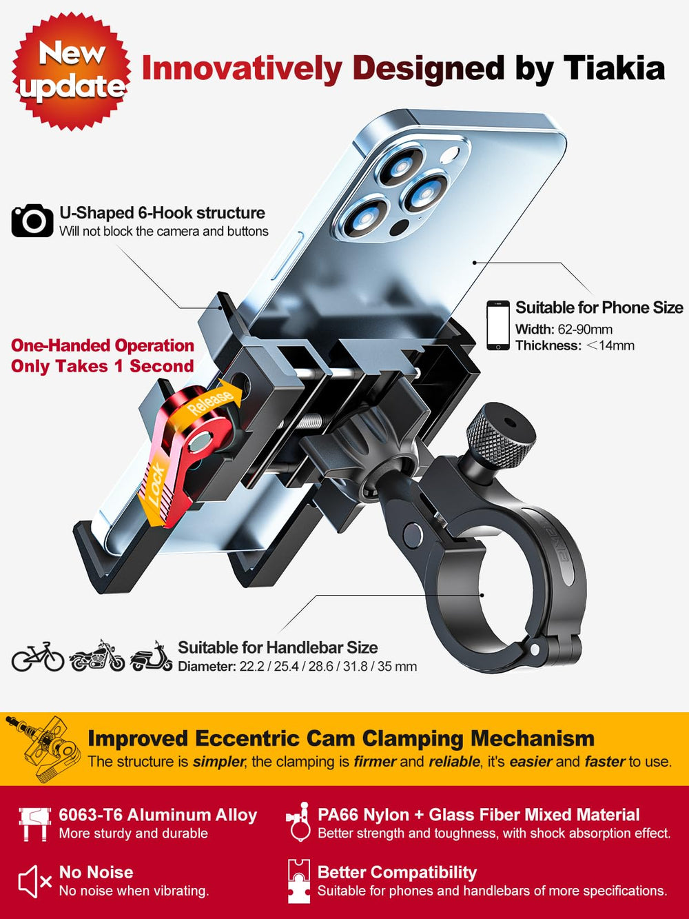 Tiakia bike phone mount 6063 aluminum body for durable, vibration-resistant mounting.