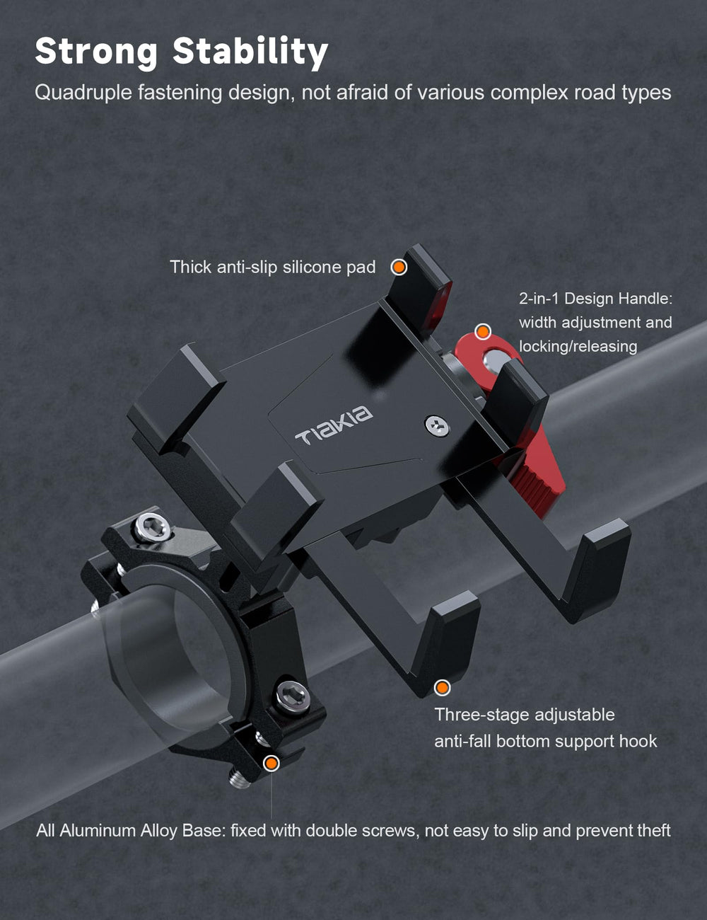 Tiakia bike phone mount quick-release button enables tool-free installation