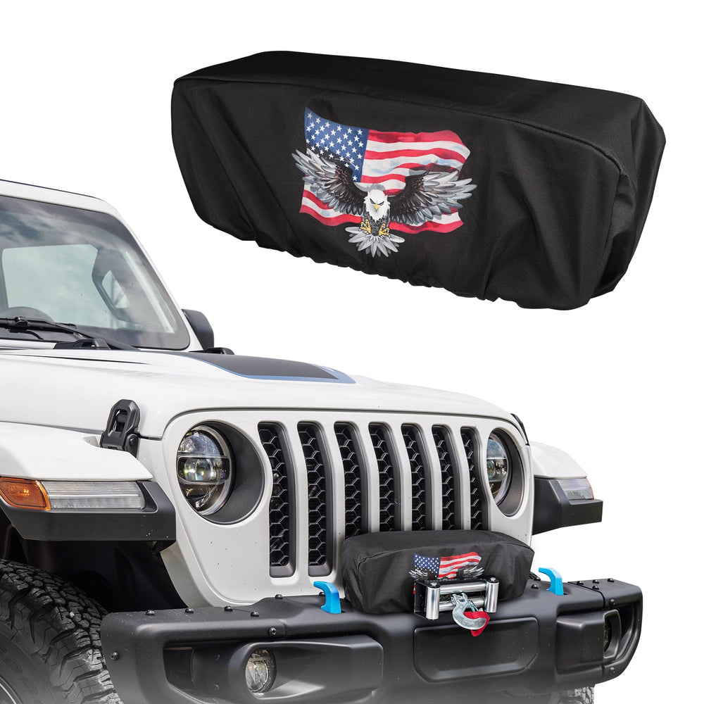 Tiannor winch cover front view showing rugged protection against weather and debris.