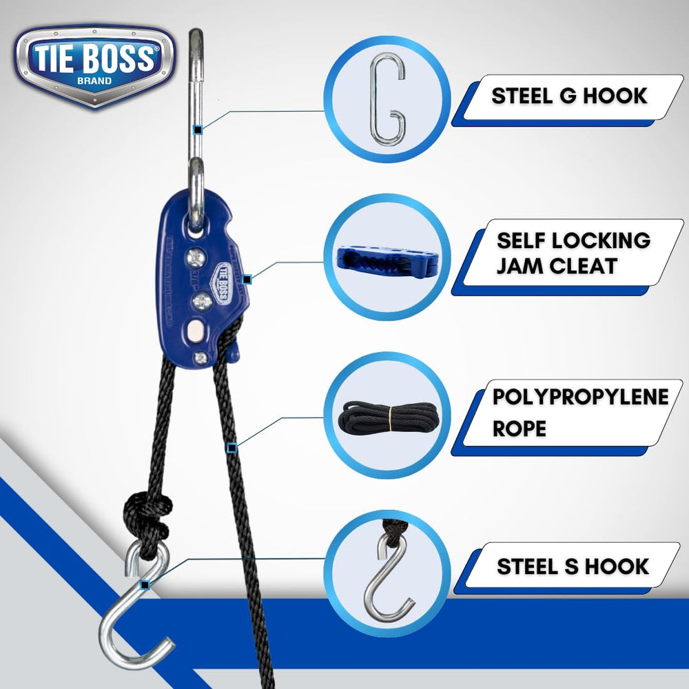Tie Boss jam-cleat-system demonstrates tensioning for quick securement.
