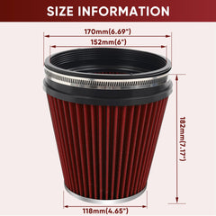 TIEVISHO high-flow cone filter, 6in inlet, supports engine breathing under higher demand.