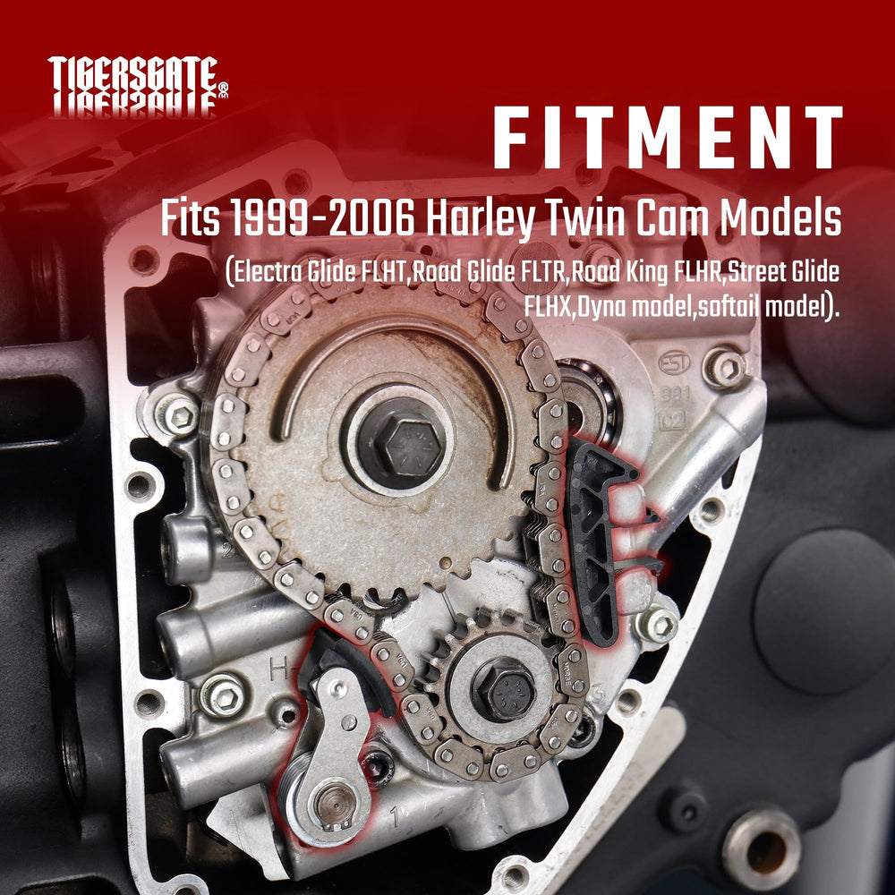 TIGERSGATE cam-chain tensioner assembly shown for timing precision in Harley engines.