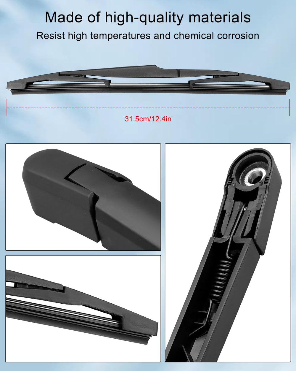 TIKSCIENCE rear wiper arm assembly close-up emphasizing vibration-dampening for quieter driving.