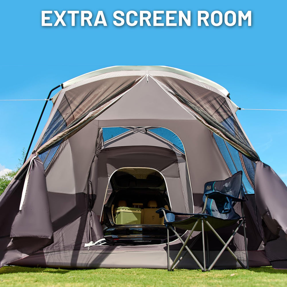 Timber Ridge SUV tent connects to car trunk for quick item access