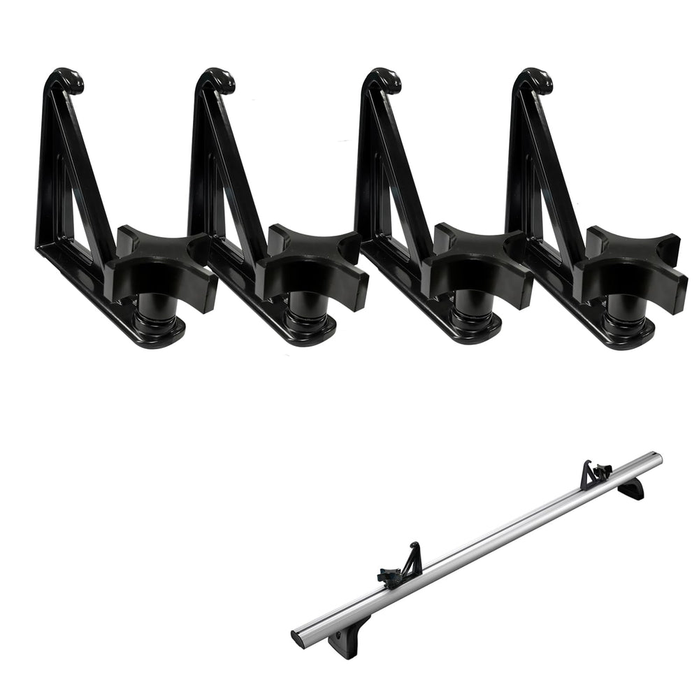Timilge load stops bracket secures a ladder on a crossbar for stable transport.