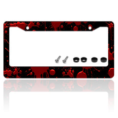 TINALUIN blood-spatter license plate frame in stainless steel with bold design.