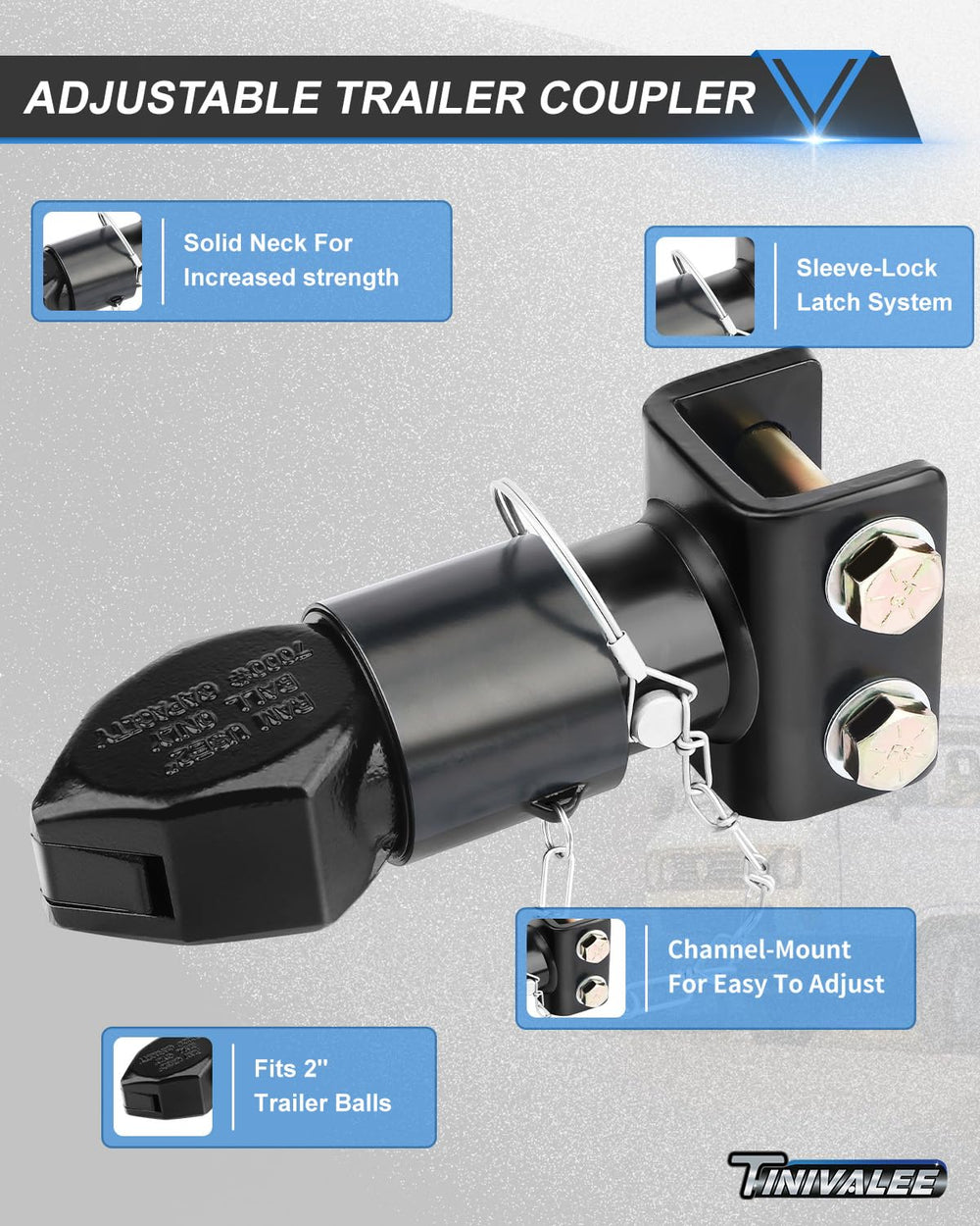 Tinivalee sleeve-lock latch demonstrated for fast, snug trailer ball connections.