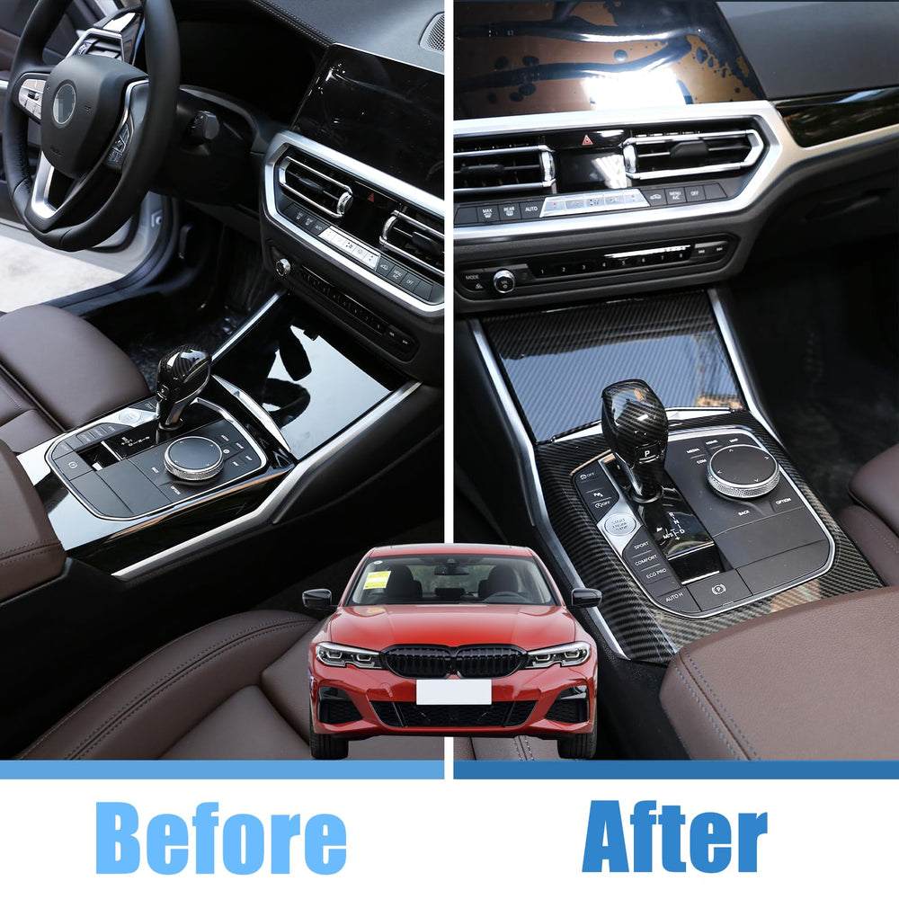 TINKI carbon fiber gear shift panel trim adds a dynamic look.