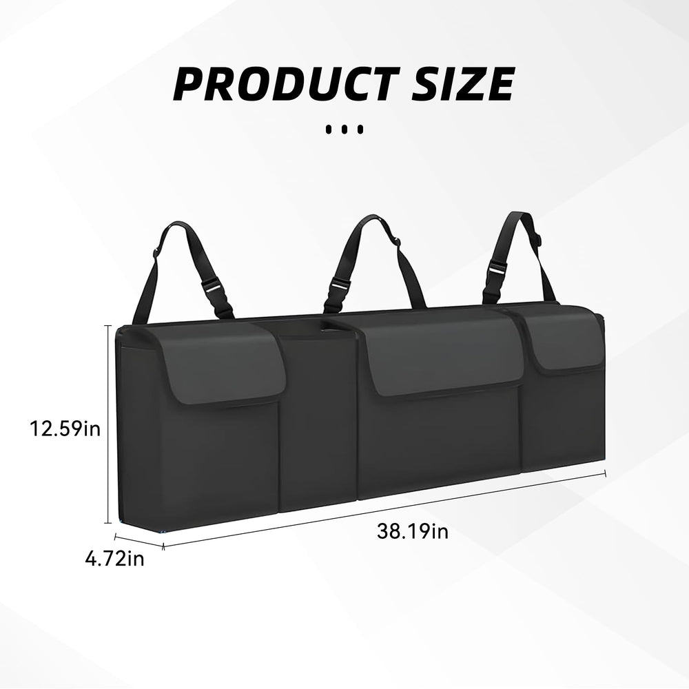 Tioollev trunk organizer hanging from rear seat for easy access