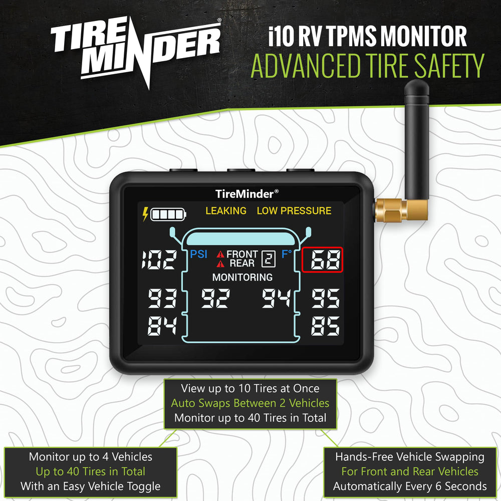 TireMinder i10 color LCD display shows live PSI and temperature at a glance.