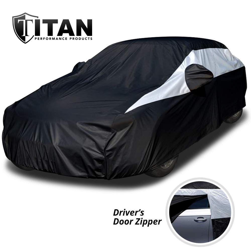 Titan Jet Black Poly 210T car cover UV defense reduces sun damage.