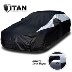 Titan Jet Black Poly 210T car cover UV defense reduces sun damage.