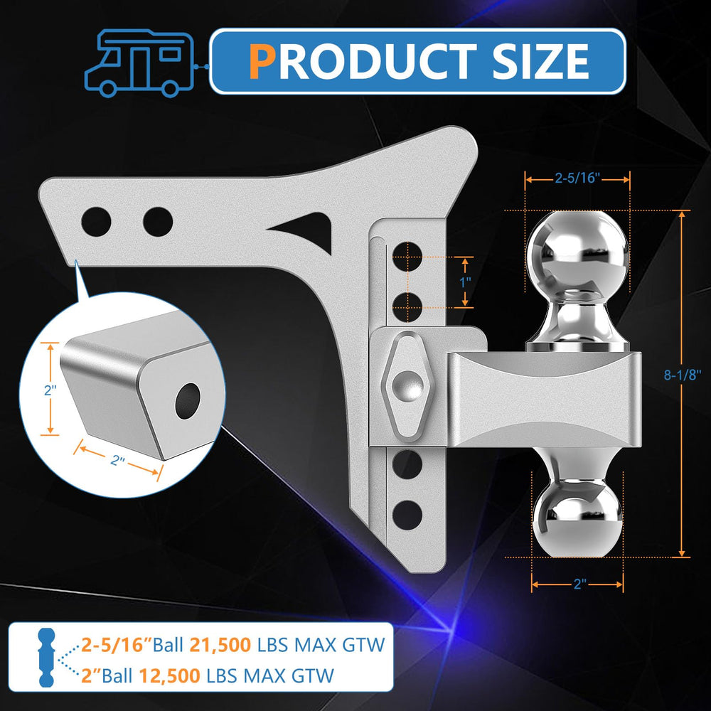 TLVUVMO 2-5/16-inch hitch ball supports up to 21,500 lbs GTW.