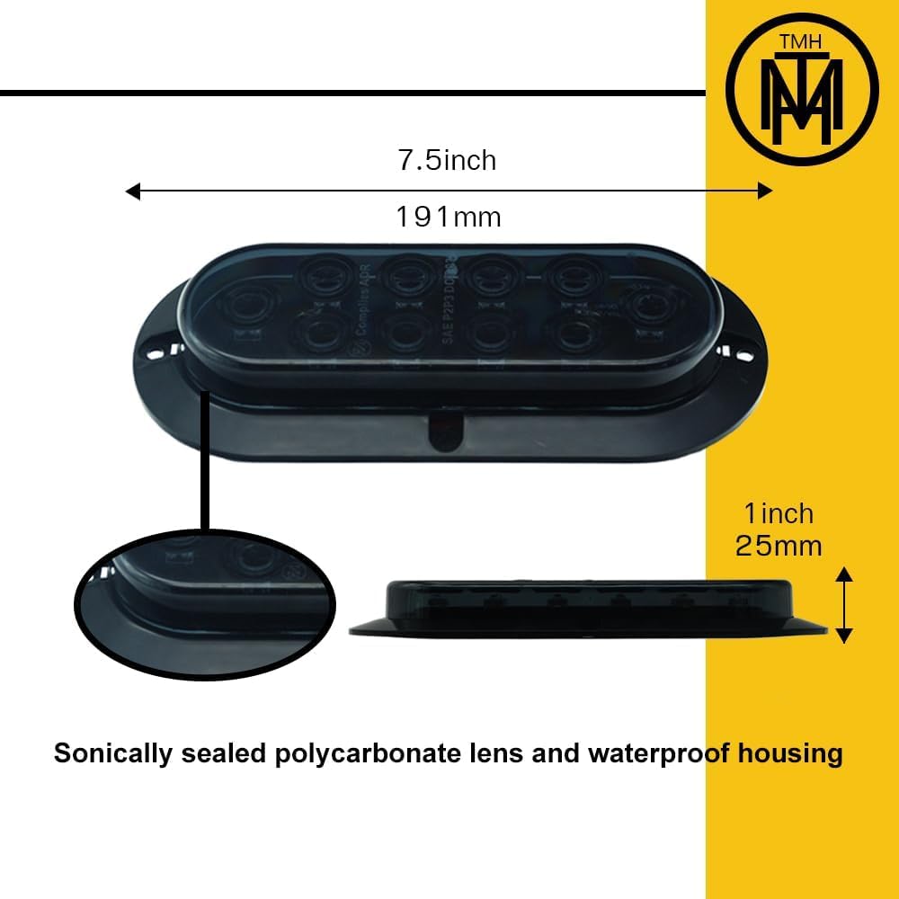 TMH 6-inch oval smoked lens red LED trailer tail light rear view, high visibility signal.