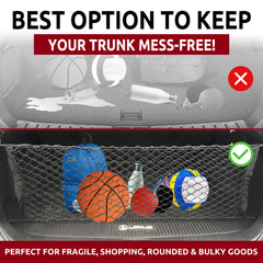 TN TrunkNets cargo net secures groceries, sports gear, and luggage during travel.