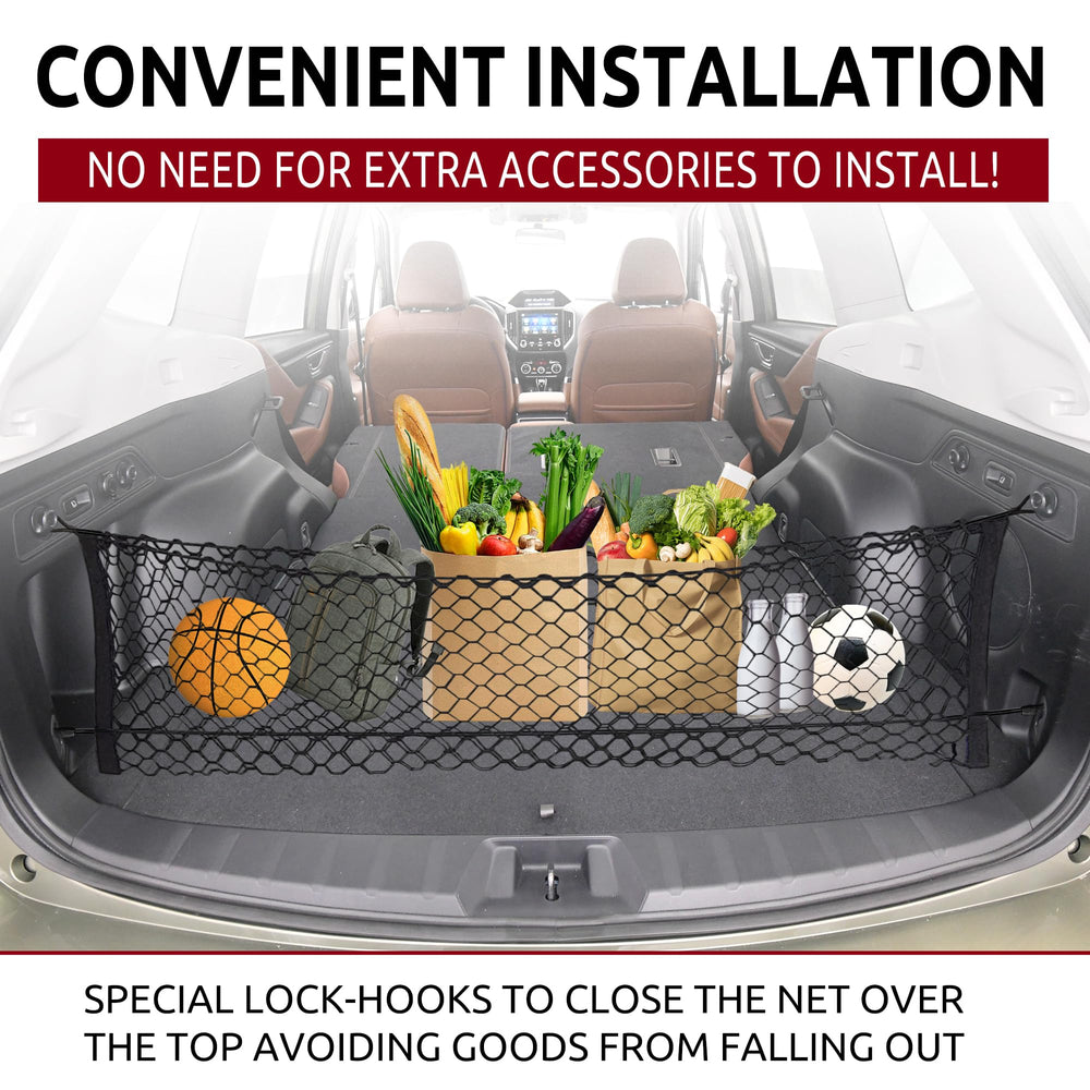 TN TrunkNets elastic trunk net prevents groceries from rolling during drive.