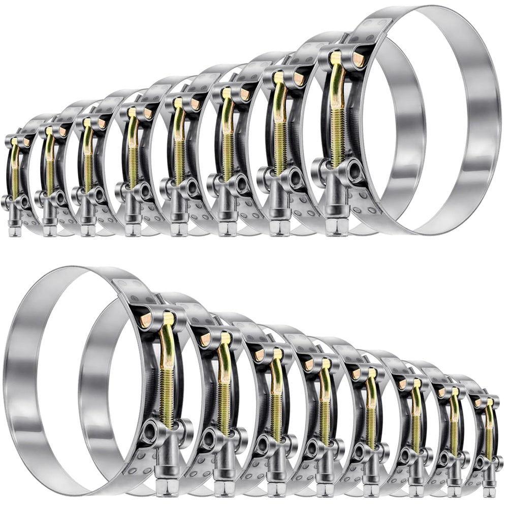 Tnisesm 16-piece T-bolt hose clamp kit laid out for versatile sizing and quick fitting.