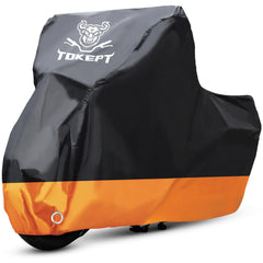 Tokept motorcycle cover shows universal fit up to 116 inches for large bikes, rain protection.