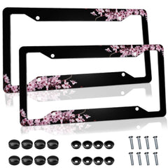 Tomalillin cherry blossom license frame in pink, durable aluminum for everyday driving
