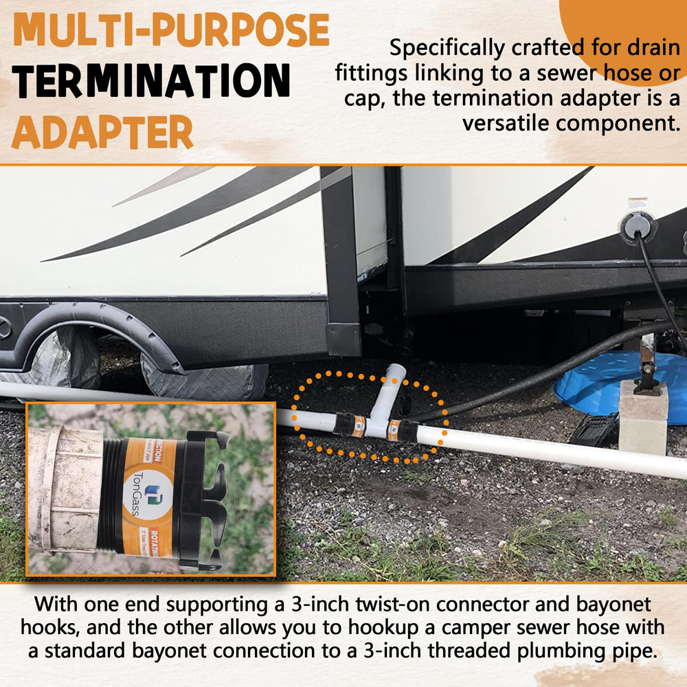 TonGass 3-inch twist-on bayonet connector – reliable RV waste flow.