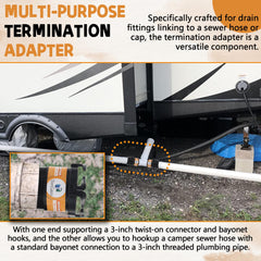 TonGass 3-inch twist-on bayonet connector – reliable RV waste flow.