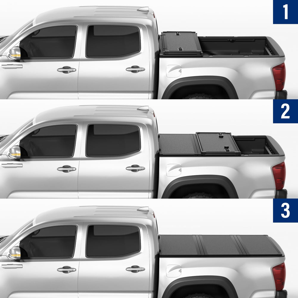 Tono King FRP cover folded open on pickup bed, quick access to tools and gear.