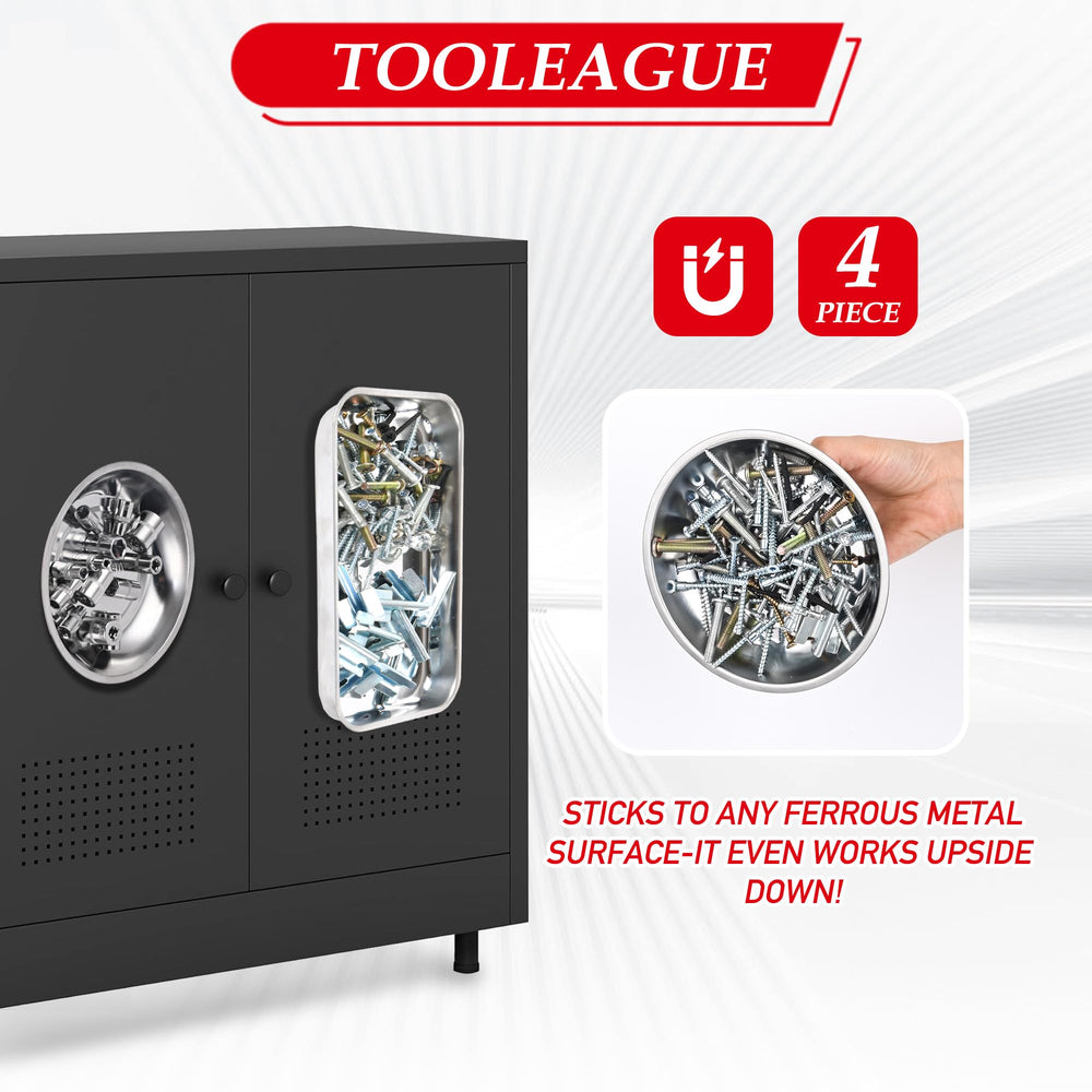 TOOLEAGUE 4-piece magnetic tray set keeps tools organized on ferrous surfaces.