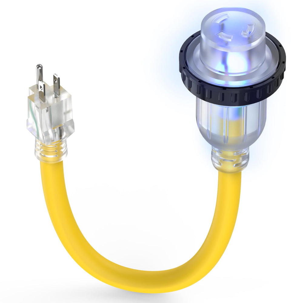TOOLIOM 30A to 15A RV adapter with twist-lock outlet for secure campsite power.