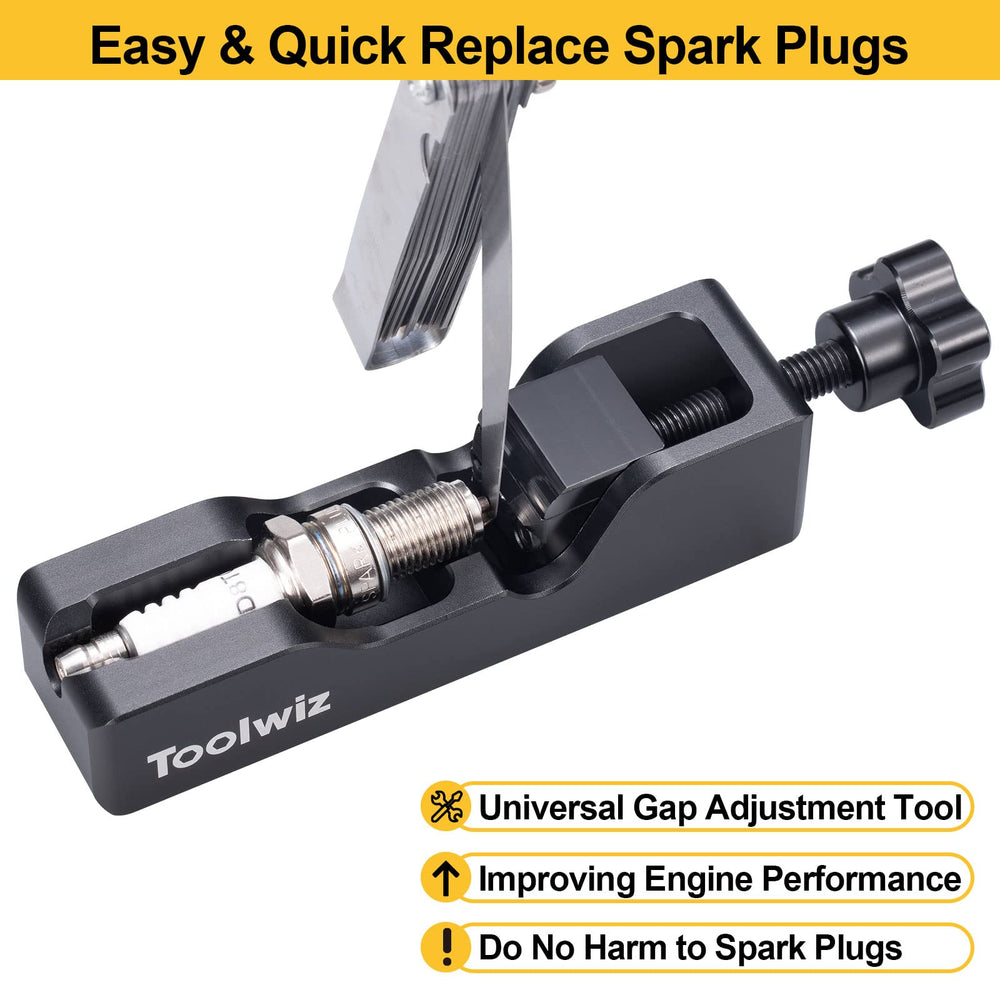 Toolwiz gap tool in action adjusting a spark plug gap quickly.