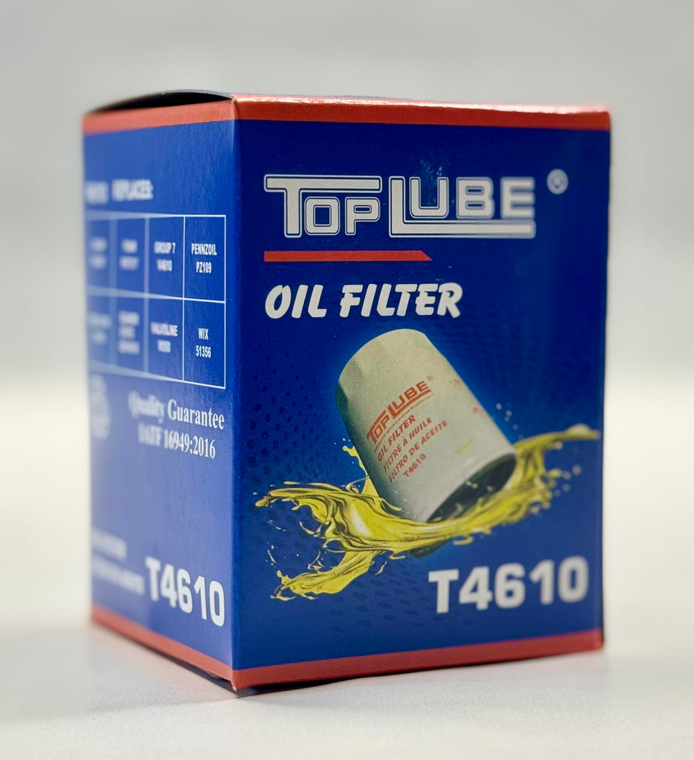 Top Lube T4610 oil filter uses cellulose element for steady contaminant capture.