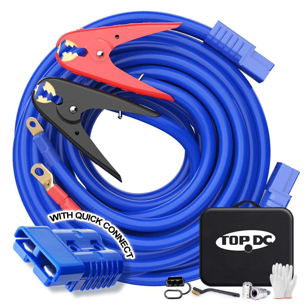 TOPDC jumper cables with UL-listed clamps for safe, reliable jump starts.