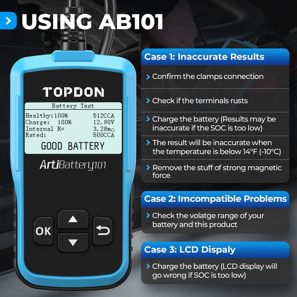 TOPDON AB101 compact portable tester ideal for cars, SUVs, and light trucks.