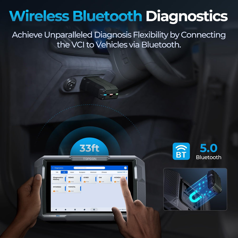 TOPDON ArtiDiag900 Lite wireless diagnosis up to 33 feet for flexibility.