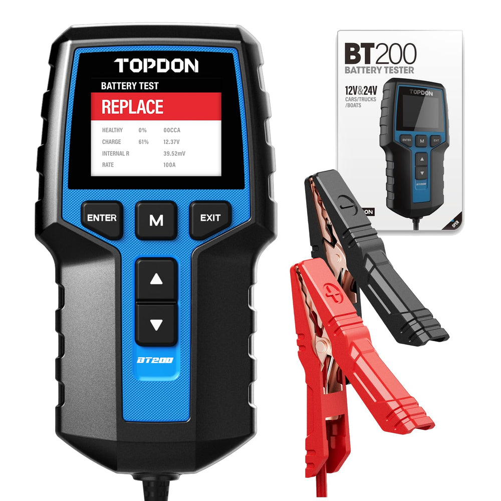 TOPDON BT200 color display shows quick battery health insights for 12V and 24V systems.