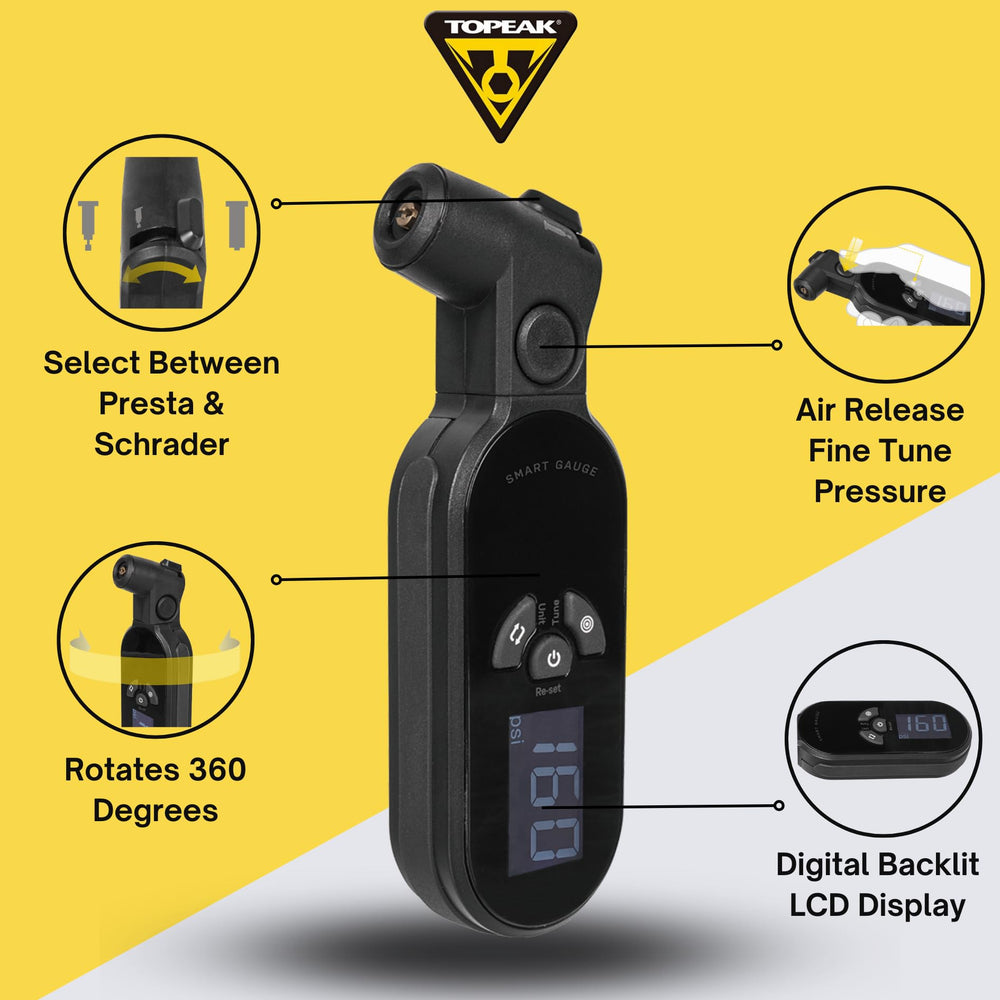 Topeak SmartGauge D2X 360-degree rotating gauge for versatile mounting.