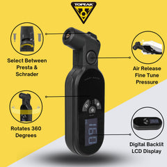 Topeak SmartGauge D2X 360-degree rotating gauge for versatile mounting.