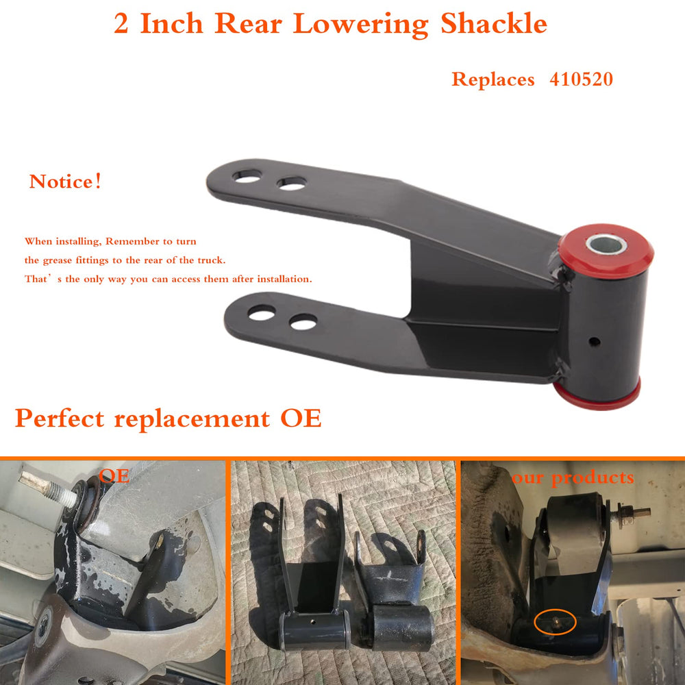 TopEnd rear lowering shackle replaces OEM, enabling smoother ride quality.