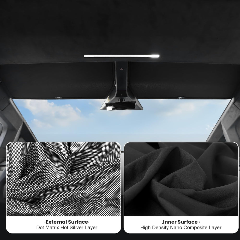 Topfit Cybertruck sunshade demonstrates reflective film to reduce heat buildup.