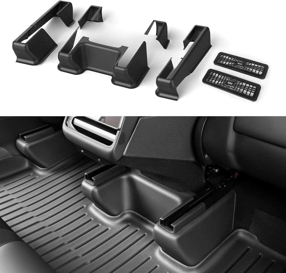 Topfit underseat protector installed on Tesla Model Y Juniper; shields kicks and scuffs